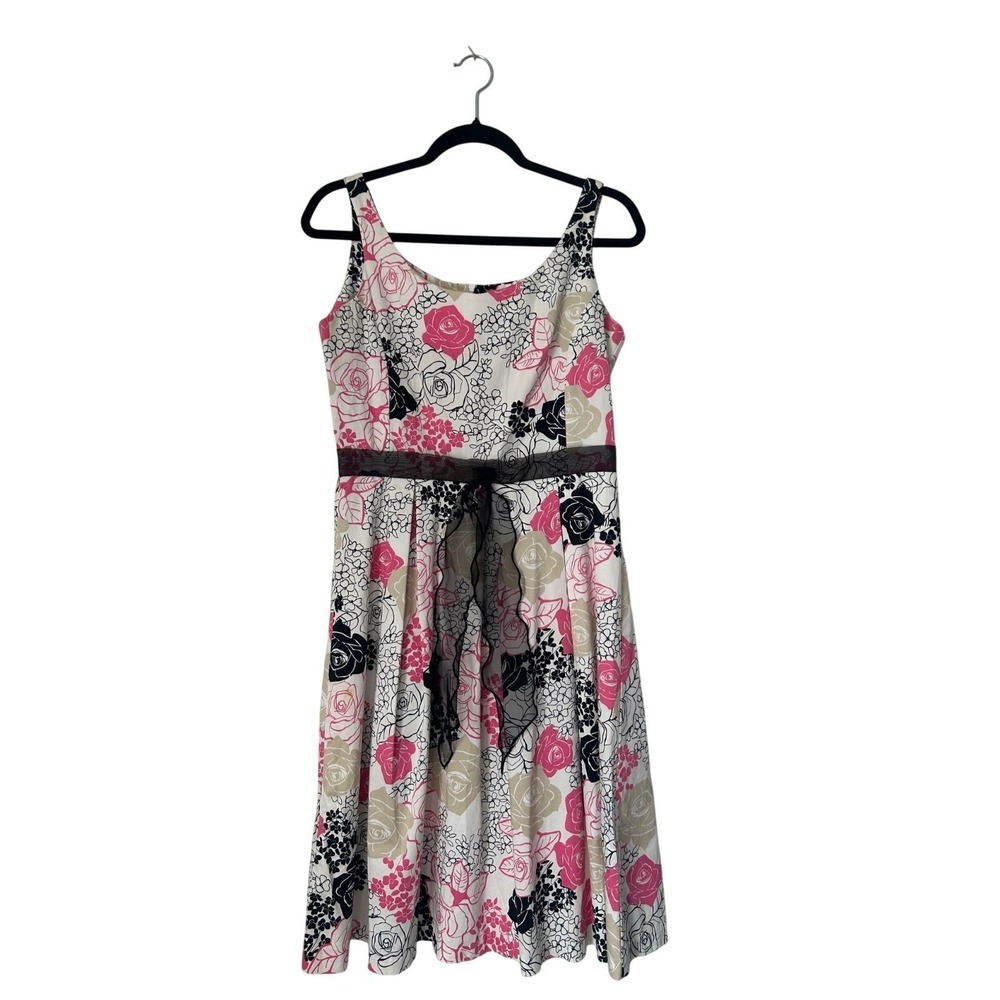 Hillard & Hanson Dress 6‎ Pink White Floral A-Line Sleeveless Pleated Black Sash
